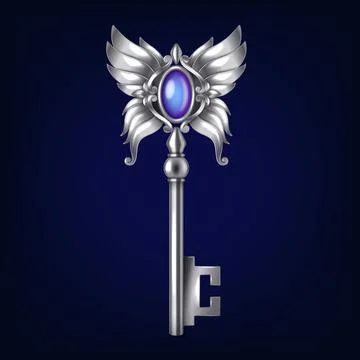 Silver Key with Wings and Gem on Dark Background Stock Illustration