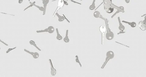 Silver keys falling down. 3D animation on transparent background Stock Footage 306324611