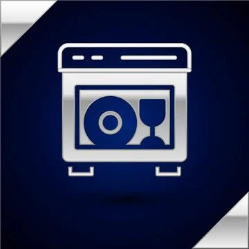 Silver Kitchen dishwasher machine icon isolated on dark blue background. Vector Stock Illustration