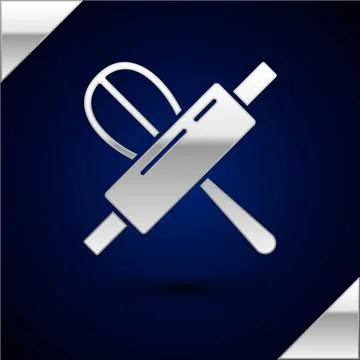 Silver Kitchen whisk and rolling pin icon isolated on dark blue background Stock Illustration
