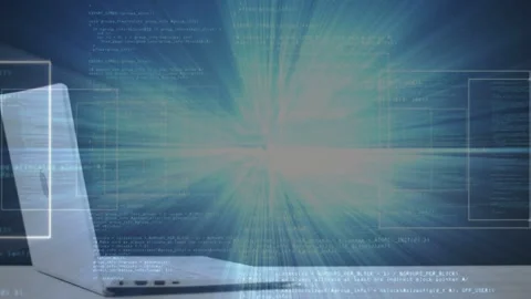 Silver laptop left powering up, emitting teal burst, scanning and streaming HUD 库存影片 335651632