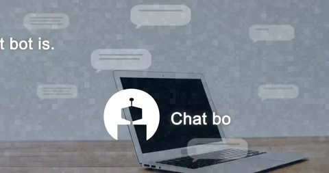 Silver laptop receiving avatar drop, displaying bot, creating chat bubbles Stock Footage 331125484