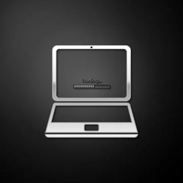 Silver Laptop update process with loading bar icon isolated on black background Stock Illustration