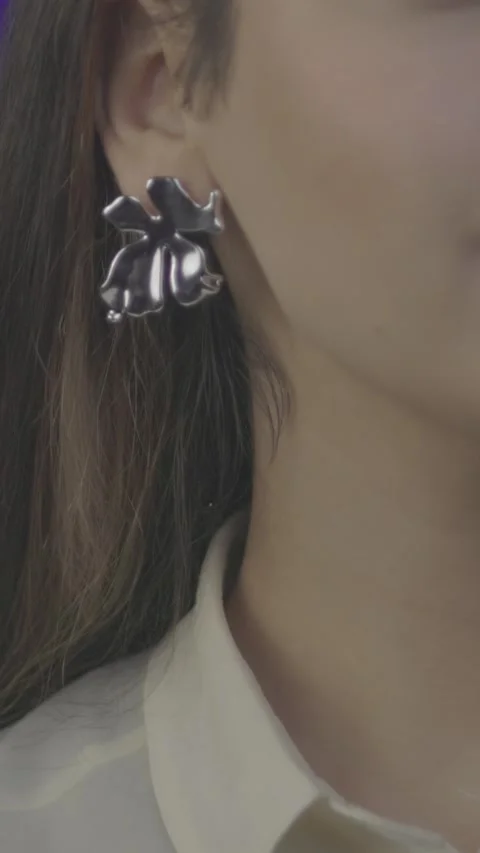 Silver leaf-shaped earrings shimmer as the model turns her head gently from side Video stock 307062571