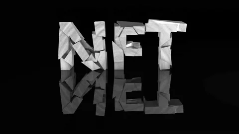 Silver letters NFT are destroyed on stones, black background, reflection. Stock Footage 222000637