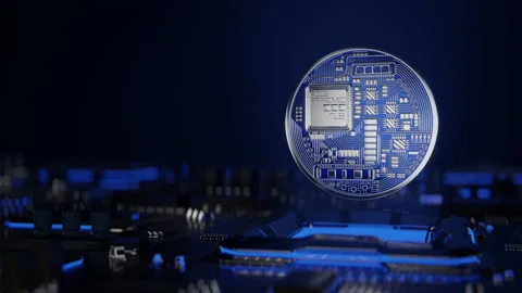 Silver LINK Chainlink Coin Rotate Above Computer Mainboard. Looping Animation. Stock Footage 227134419