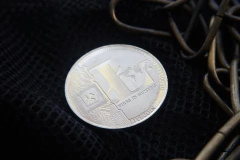 Silver litecoin on the black net surface Stock Photos