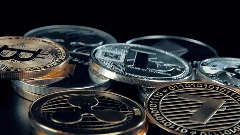 SIlver Litecoin coin on black background. Silver Crypto coin on spinning stand. Stock Footage 126907262