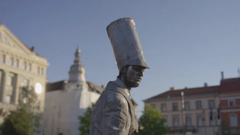 Silver living statue performer Stock Footage 100367149