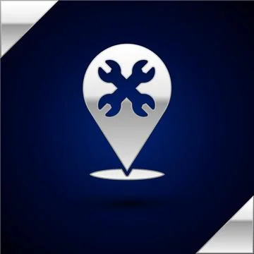 Silver Location with wrench spanner icon isolated on dark blue background. Ad Stock Illustration