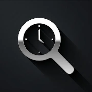Silver Magnifying glass with clock icon isolated on black background. Clock.. Stock Illustration