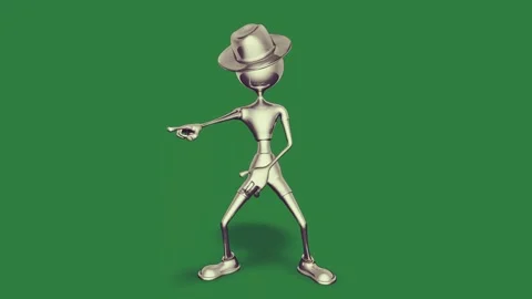 A silver man with hat on green screen and in cowboy 3d is walking screen green Stock Footage 335977718