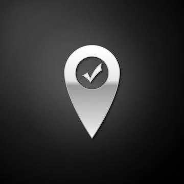 Silver Map pointer with check mark icon isolated on black background. Marker Stock Illustration
