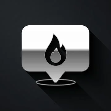 Silver Map pointer with fire flame icon isolated on black background. Fire Stock Illustration