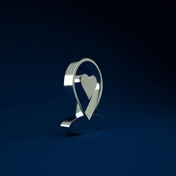Silver Map pointer with heart icon isolated on blue background. Valentines da Stock Illustration