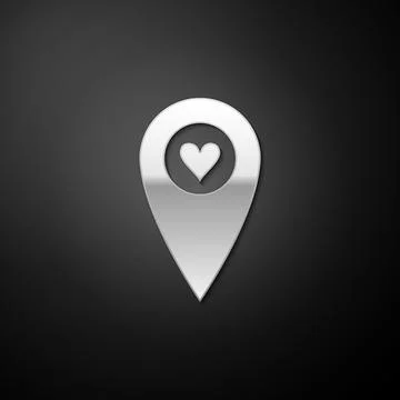 Silver Map pointer with heart icon isolated on black background. Valentines day Stock Illustration