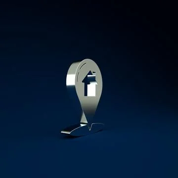 Silver Map pointer with house icon isolated on blue background. Home location 스톡 일러스트