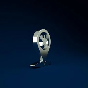 Silver Map pointer with star icon isolated on blue background. Star favorite  스톡 일러스트