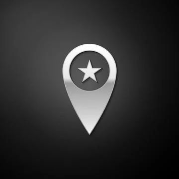 Silver Map pointer with star icon isolated on black background. Star favorite Stockillustratie