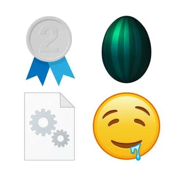 Silver medal, dark green easter egg, file document, drooling face. Set of 4.. Stock Illustration