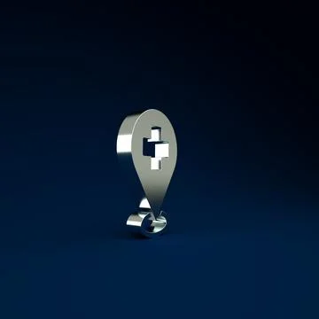 Silver Medical map pointer with cross hospital icon isolated on blue backgrou 스톡 일러스트