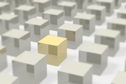 Silver metal cubes in rows with bokeh, the focus is on a golden cube, concept Stockillustratie