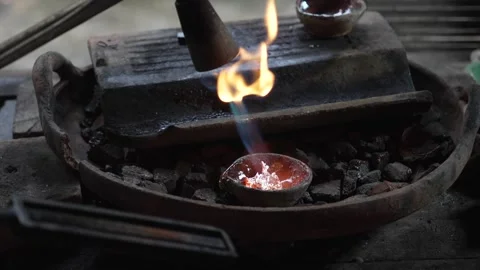 Silver metal melting high temperature fire handcrafted jewelry making art craft Video stock 311569459