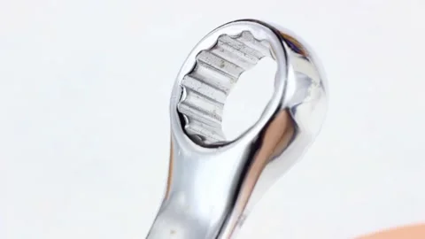 Silver metal ring spanner for maintenance turning Stock Footage 224864531