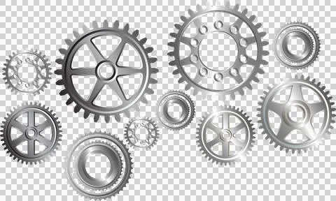 Silver-metallic gears and cogs are floating on transparent background in flat Stock Illustration