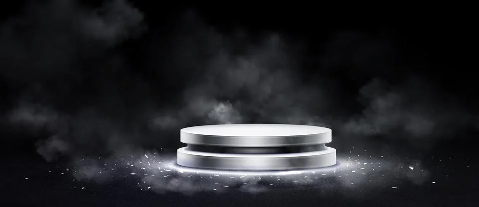 Silver metallic podium platforms in dramatic smoke Stock Illustration