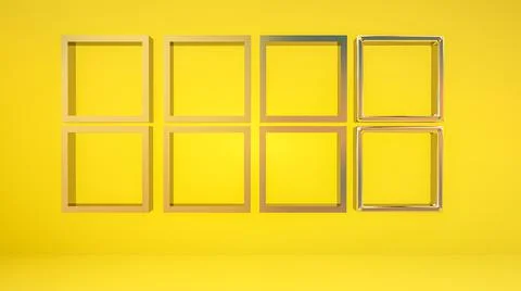 Silver metallic three-dimensional frames on a yellow background. 3d render il Stock Illustration
