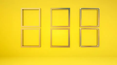 Silver metallic three-dimensional frames on a yellow background. 3d render il Stock Illustration