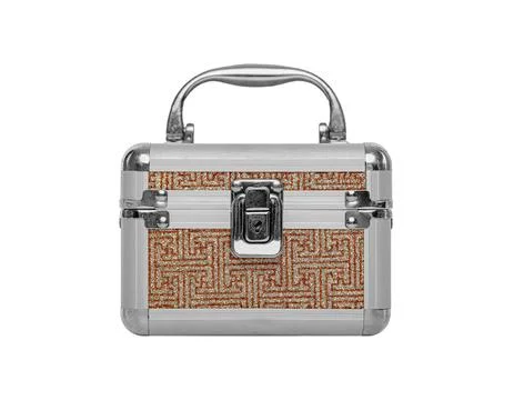 A silver metallic vanity case with a decorative orange against a white 库存照片