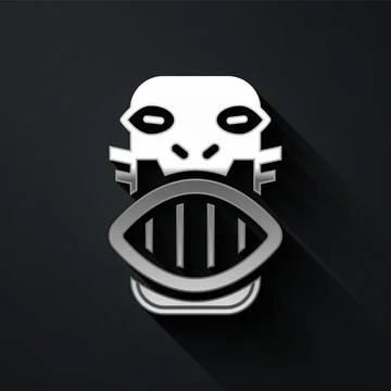 Silver Mexican mayan or aztec mask icon isolated on black background. Long .. Illustrazione stock