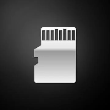 Silver Micro SD memory card icon isolated on black background. Long shadow style Stock Illustration