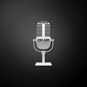 Silver Microphone icon isolated on black background. On air radio mic microphone 스톡 일러스트