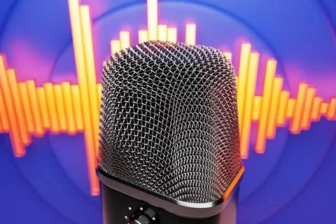 Silver microphone, model against the background of equalizer lines, realistic Stock Photos