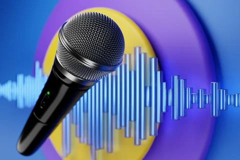 Silver microphone, model against the background of equalizer lines, realistic Stock Photos