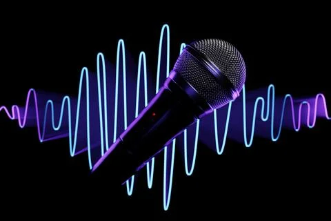 Silver microphone, model against the background of equalizer lines, realistic Stock Photos