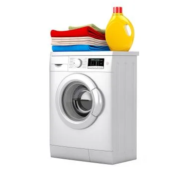 Silver Modern Washing Machine with Detergent Bottle and Pile of Clothes. 3d R Stock Illustration