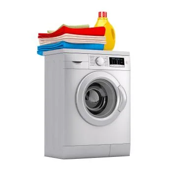 Silver Modern Washing Machine with Detergent Bottle and Pile of Clothes. 3d R イラスト素材