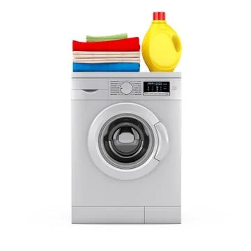 Silver Modern Washing Machine with Detergent Bottle and Pile of Clothes. 3d R イラスト素材