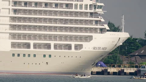 Silver moon cruise ship hull docked at benoa port harbour in bali, indonesia Stock Footage 329458628