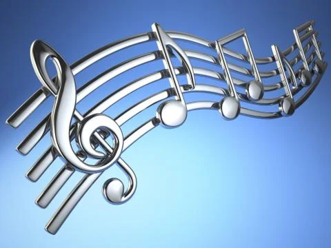 Silver music notes and treble clef on musical strings on blue background. 스톡 일러스트