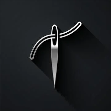 Silver Needle for sewing with thread icon isolated on black background. Tailor Stock Illustration