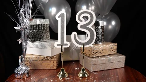 Silver Number 13 with Silver Glitter Confetti Sparkles with Gifts and Balloons Stock Footage 346645111