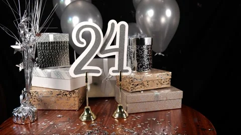 Silver Number 24 with Silver Confetti Glitter Sparkles with Gifts and Balloons Stock Footage 346644862