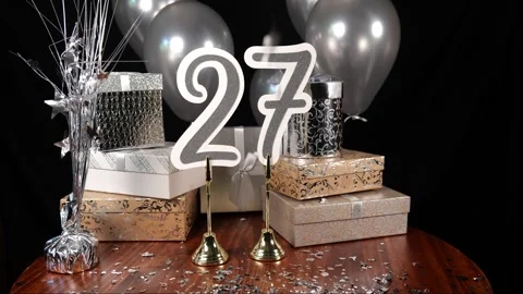 Silver Number 27 with Silver Confetti Glitter Sparkles with Gifts and Balloons Stock Footage 346645076