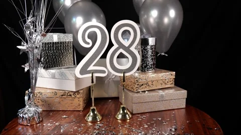 Silver Number 28 with Silver Confetti Glitter Sparkles with Gifts and Balloons Stock Footage 346644322