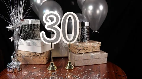 Silver Number 30 with Silver Confetti Glitter Sparkles with Gifts and Balloons Stock Footage 346644723